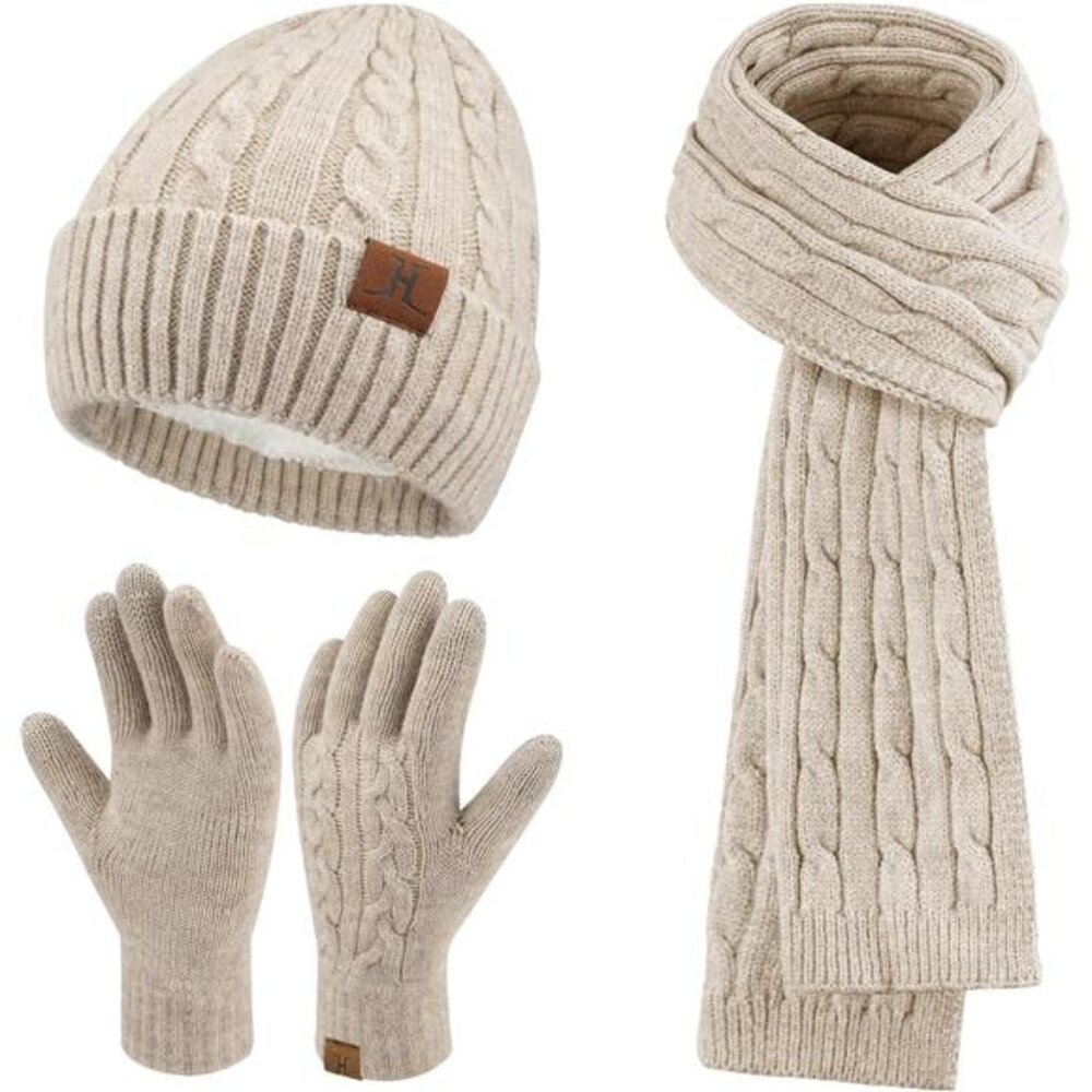 Womens winter beanie scarf gloves set warm knit fleece lined touchscreen hat gif